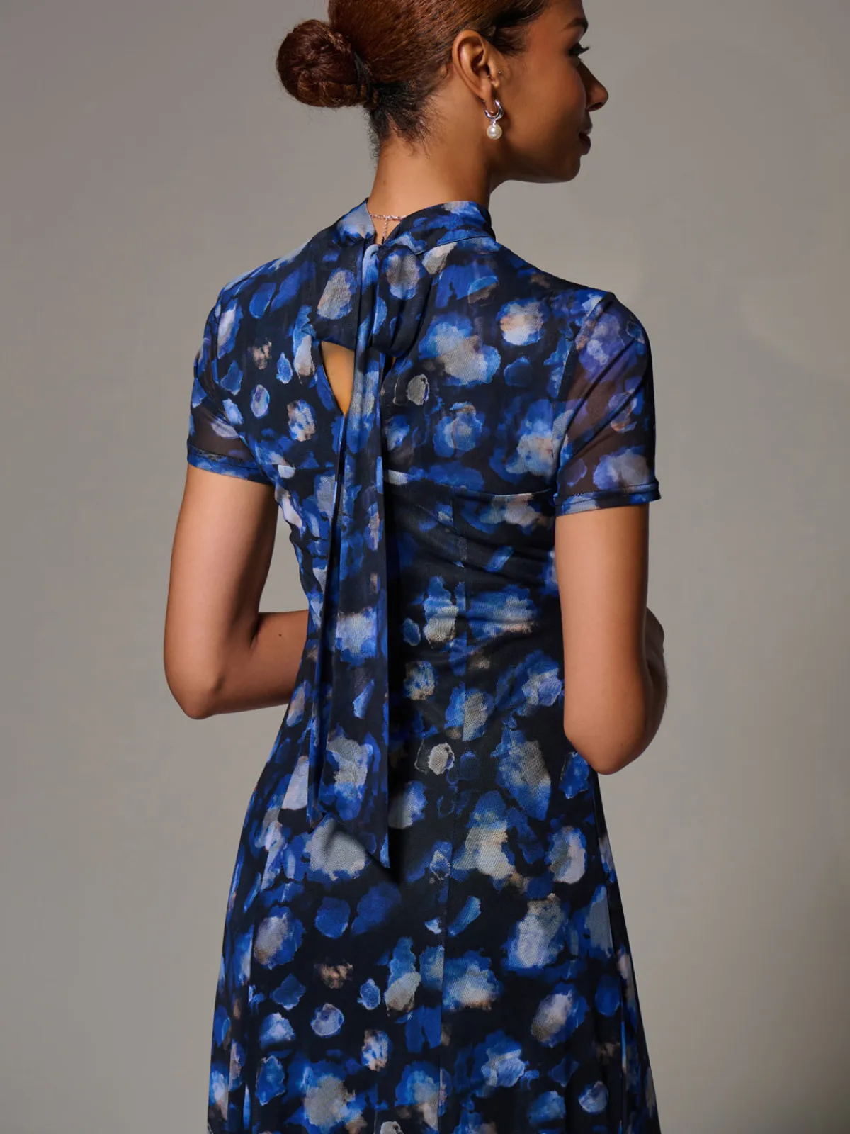 Jolie Moi Occasion Dresses|Floral Dresses-Turtle Neckline Mesh Maxi Dress, Blue Abstract