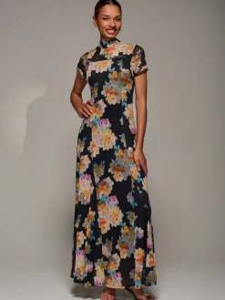 Jolie Moi Occasion Dresses|Floral Dresses-Turtle Neckline Mesh Maxi Dress, Yellow Floral