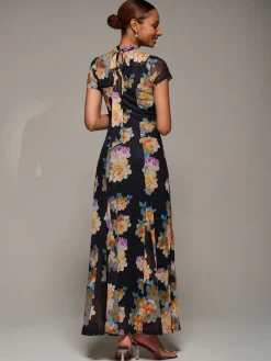 Jolie Moi Occasion Dresses|Floral Dresses-Turtle Neckline Mesh Maxi Dress, Yellow Floral