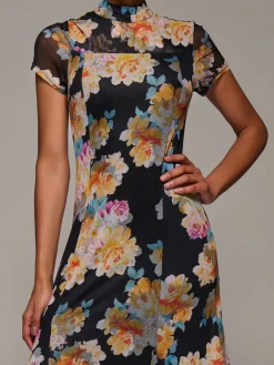 Jolie Moi Occasion Dresses|Floral Dresses-Turtle Neckline Mesh Maxi Dress, Yellow Floral