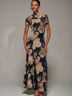 Jolie Moi Occasion Dresses|Floral Dresses-Turtle Neckline Mesh Maxi Dress, Yellow Floral