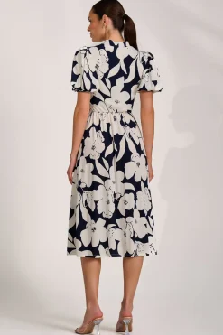 Jolie Moi Occasion Dresses|Wedding Guest-Turtle Neck Puff Sleeve Jersey Midi Dress, Navy Floral