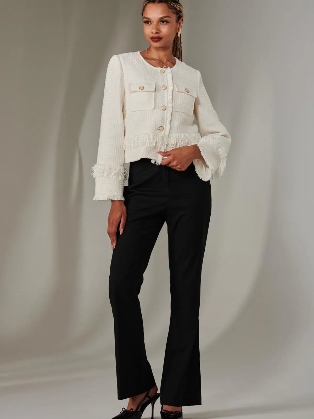 Jolie Moi Coats & Jackets|Blazers-Tweed Fringe He Jacket, Cream