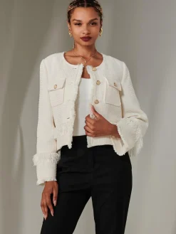 Jolie Moi Coats & Jackets|Blazers-Tweed Fringe He Jacket, Cream