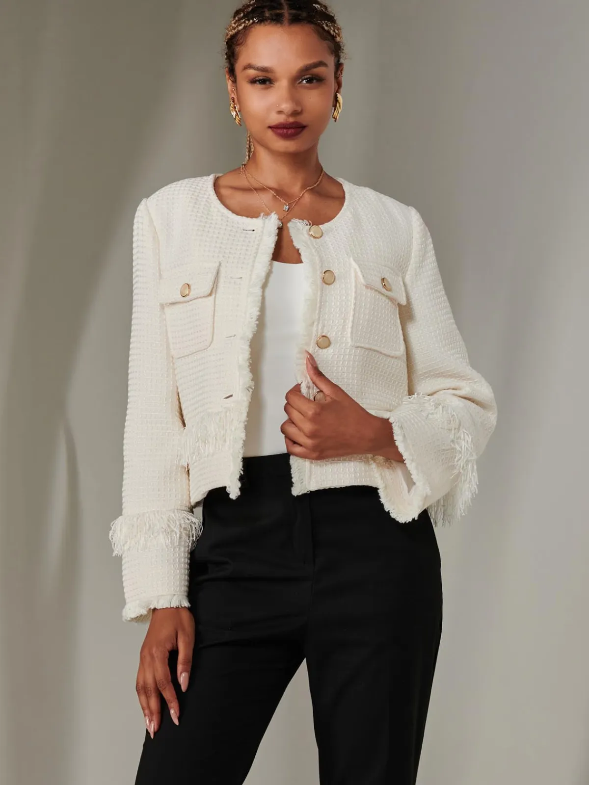 Jolie Moi Coats & Jackets|Blazers-Tweed Fringe He Jacket, Cream
