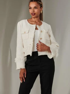 Jolie Moi Coats & Jackets|Blazers-Tweed Fringe He Jacket, Cream