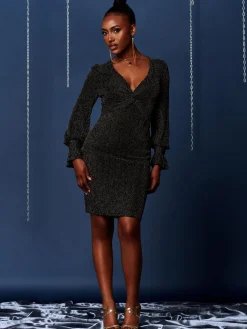 Jolie Moi Occasion Dresses|Party Dresses-Twist Front Metallic Stripe Bodycon Dress, Black Multi