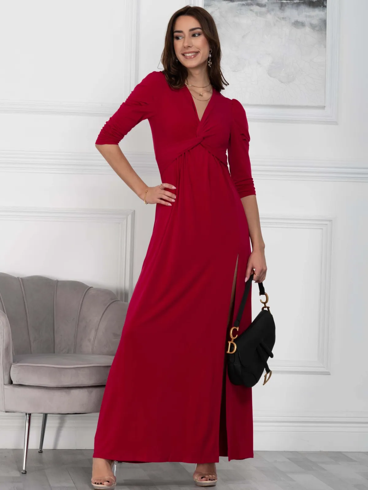 Jolie Moi Occasion Dresses|Jersey Dresses-Twist Knot Front Maxi Dress, Berry