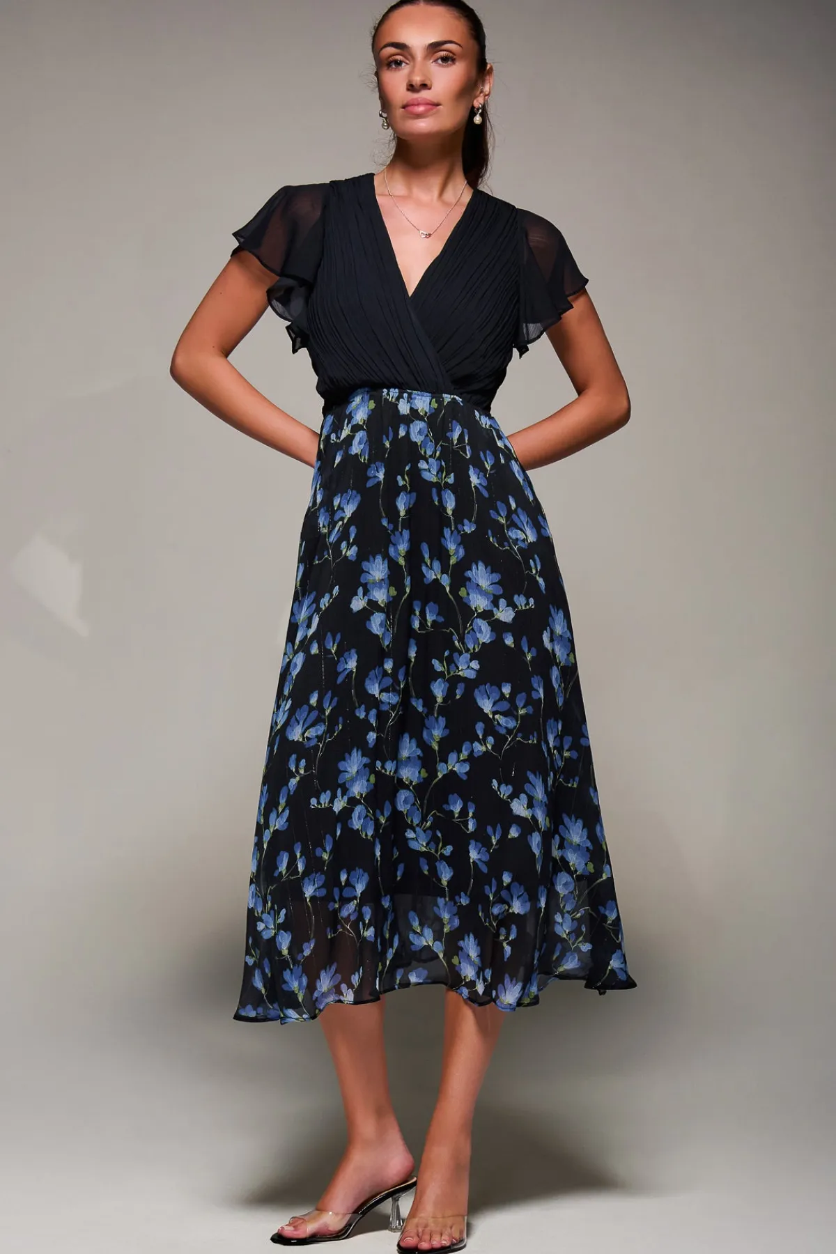 Jolie Moi Occasion Dresses|Floral Dresses-Two Tone Chiffon Midaxi Dress, Blue Floral