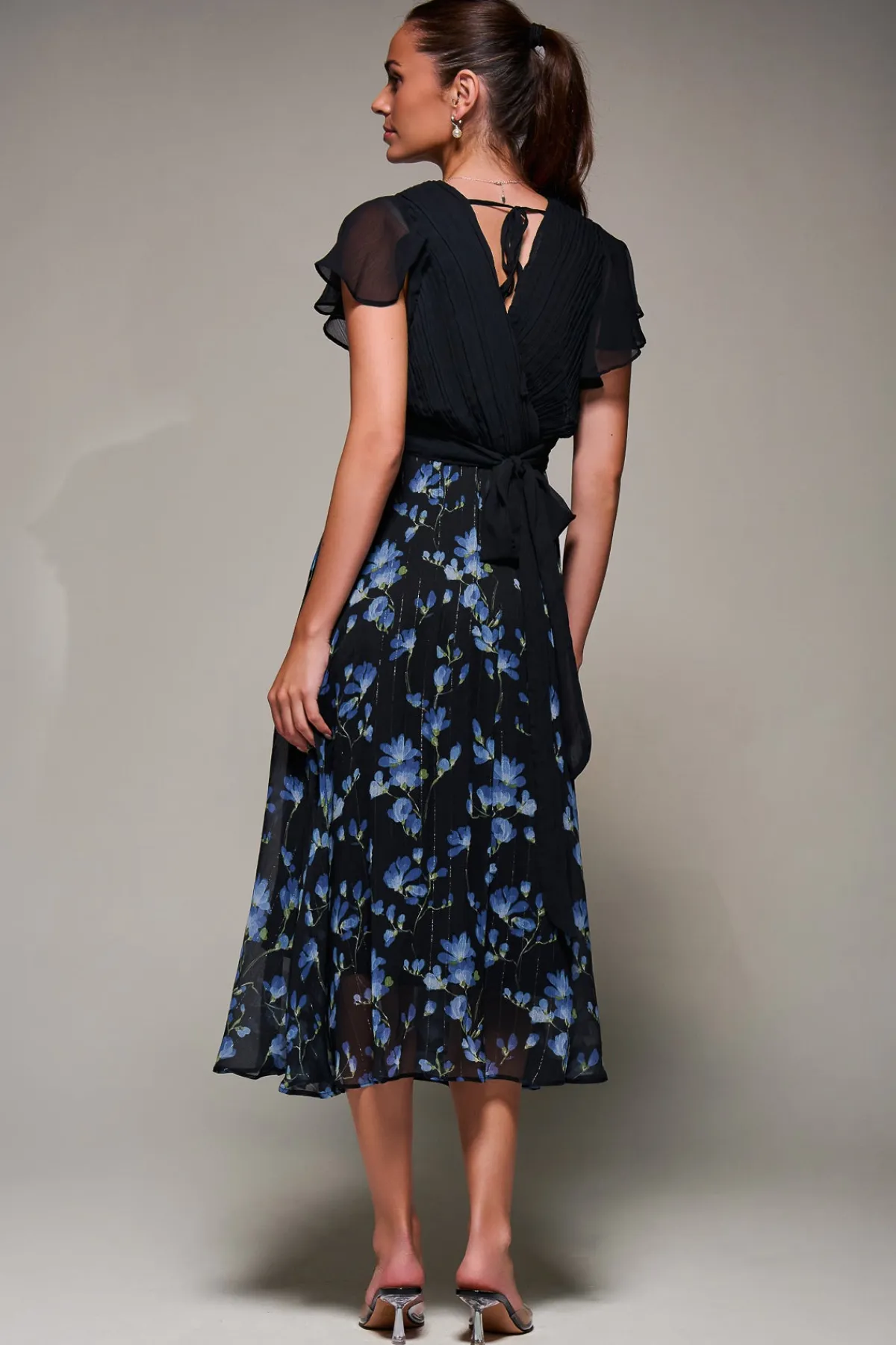 Jolie Moi Occasion Dresses|Floral Dresses-Two Tone Chiffon Midaxi Dress, Blue Floral