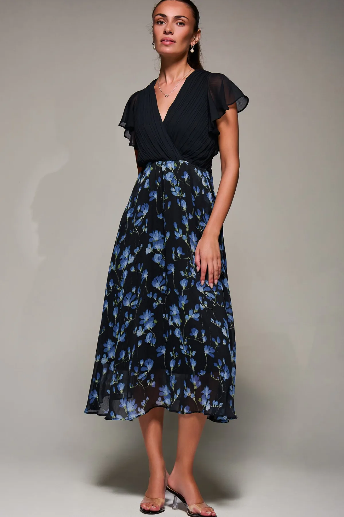 Jolie Moi Occasion Dresses|Floral Dresses-Two Tone Chiffon Midaxi Dress, Blue Floral