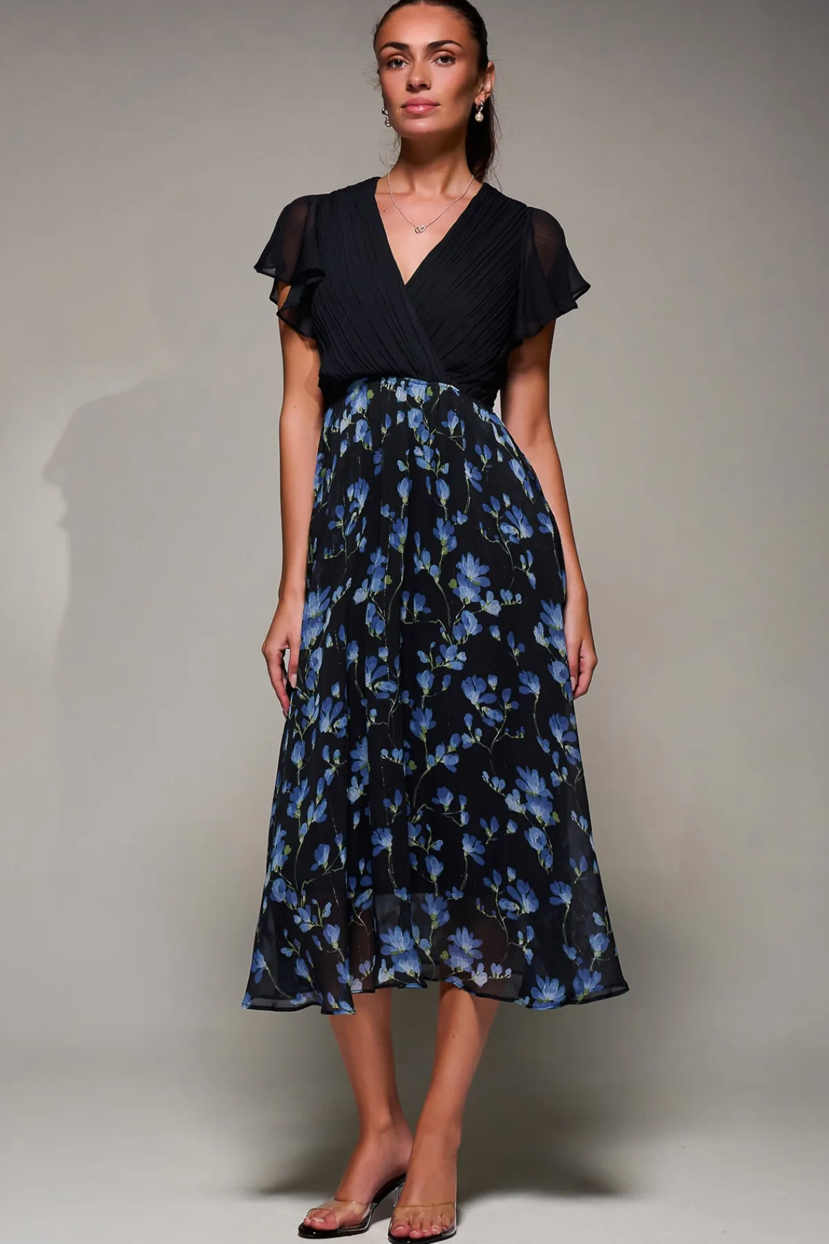 Jolie Moi Occasion Dresses|Floral Dresses-Two Tone Chiffon Midaxi Dress, Blue Floral