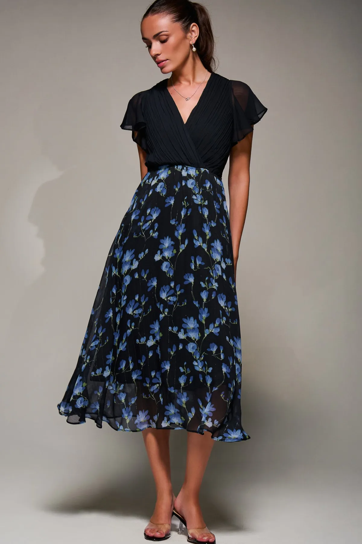 Jolie Moi Occasion Dresses|Floral Dresses-Two Tone Chiffon Midaxi Dress, Blue Floral