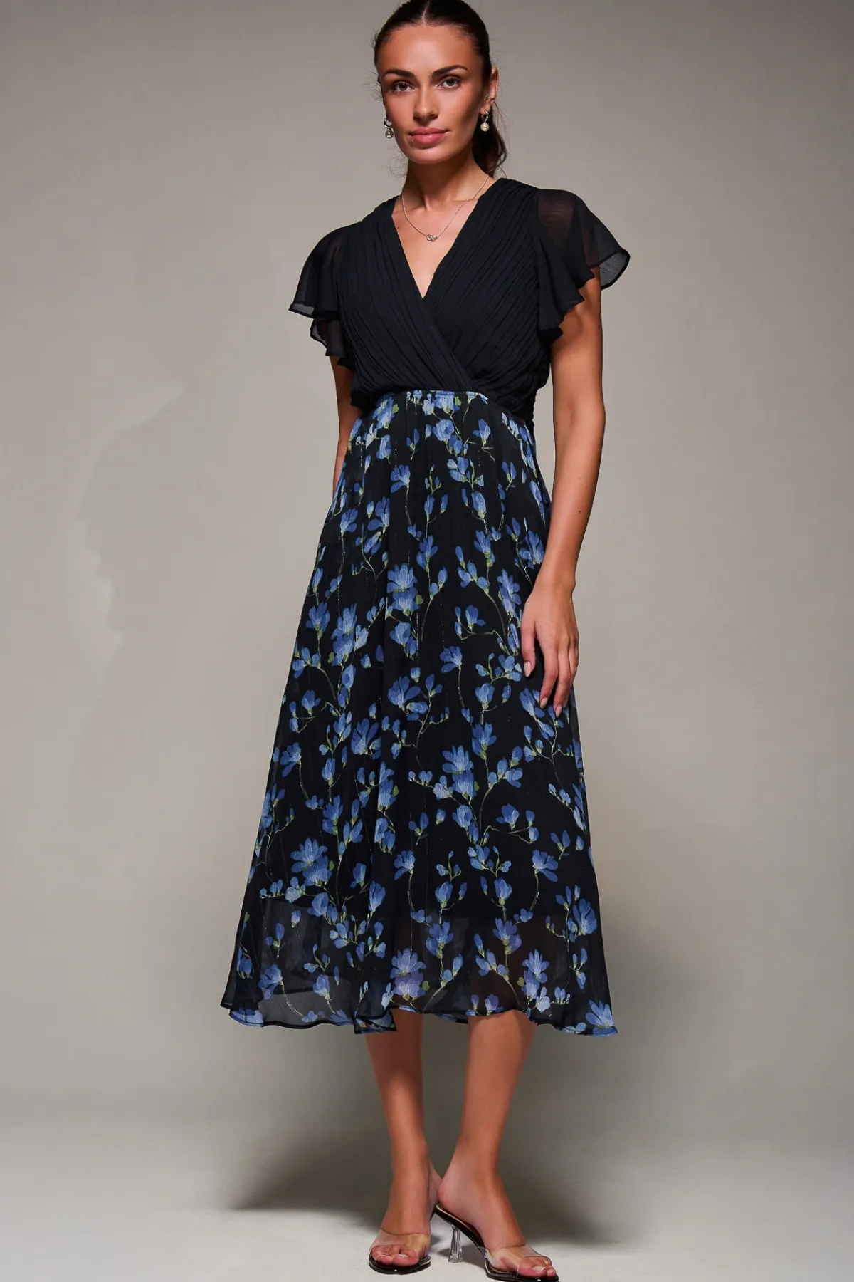 Jolie Moi Occasion Dresses|Floral Dresses-Two Tone Chiffon Midaxi Dress, Blue Floral