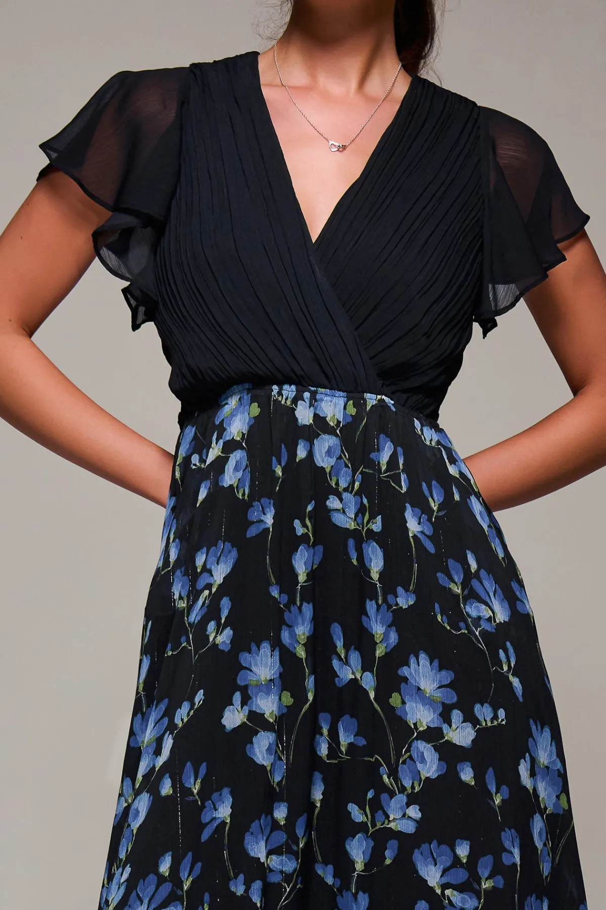 Jolie Moi Occasion Dresses|Floral Dresses-Two Tone Chiffon Midaxi Dress, Blue Floral