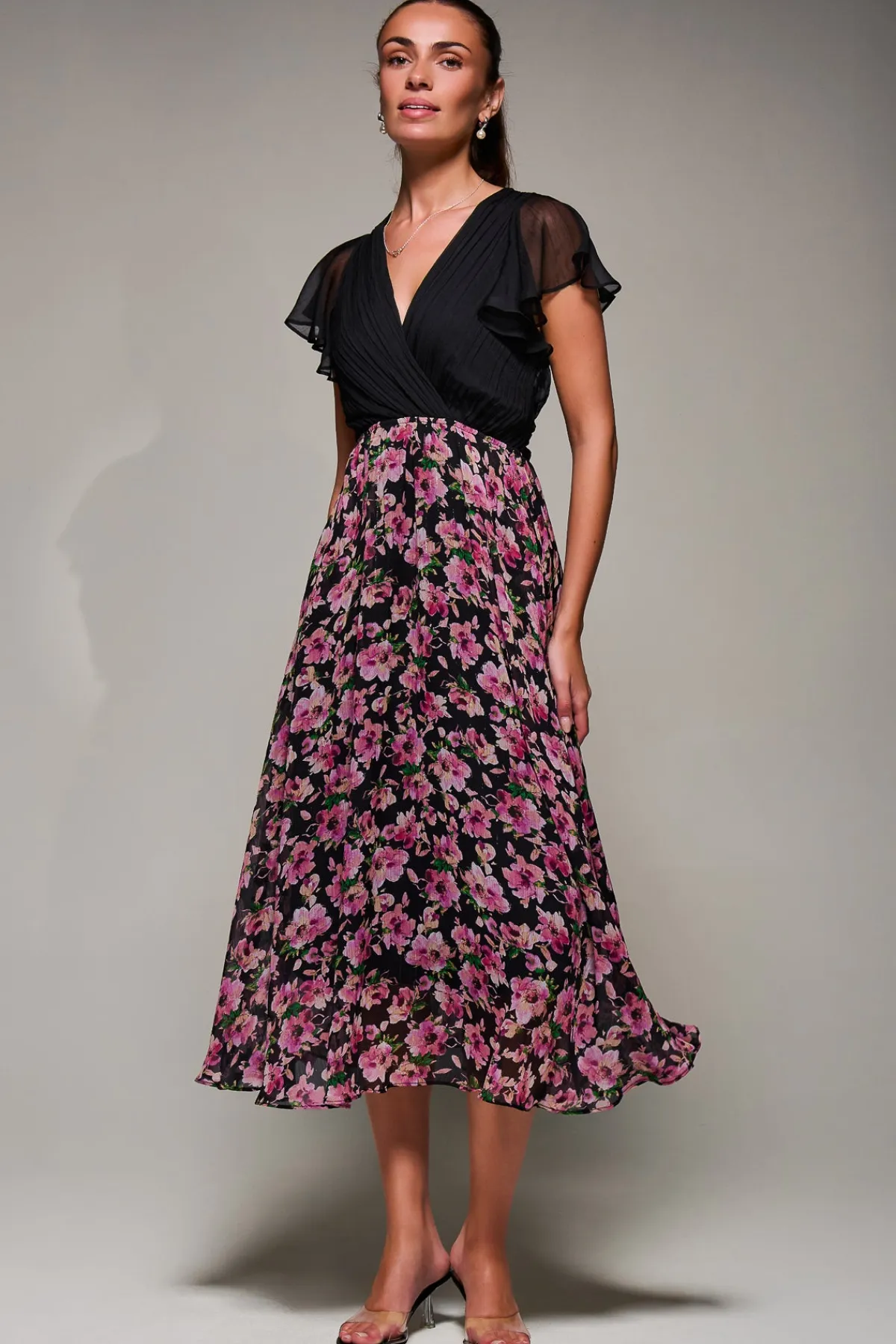 Jolie Moi Occasion Dresses|Summer Dresses-Two Tone Chiffon Midaxi Dress, Pink Floral
