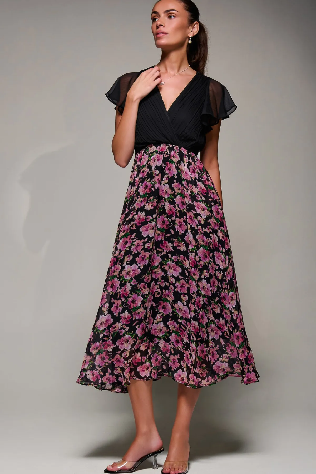 Jolie Moi Occasion Dresses|Summer Dresses-Two Tone Chiffon Midaxi Dress, Pink Floral