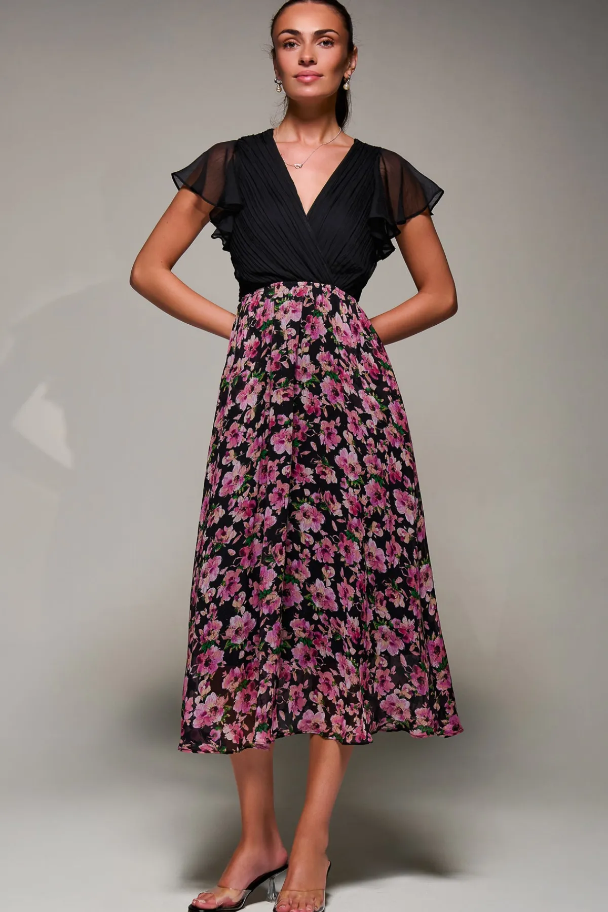 Jolie Moi Occasion Dresses|Summer Dresses-Two Tone Chiffon Midaxi Dress, Pink Floral