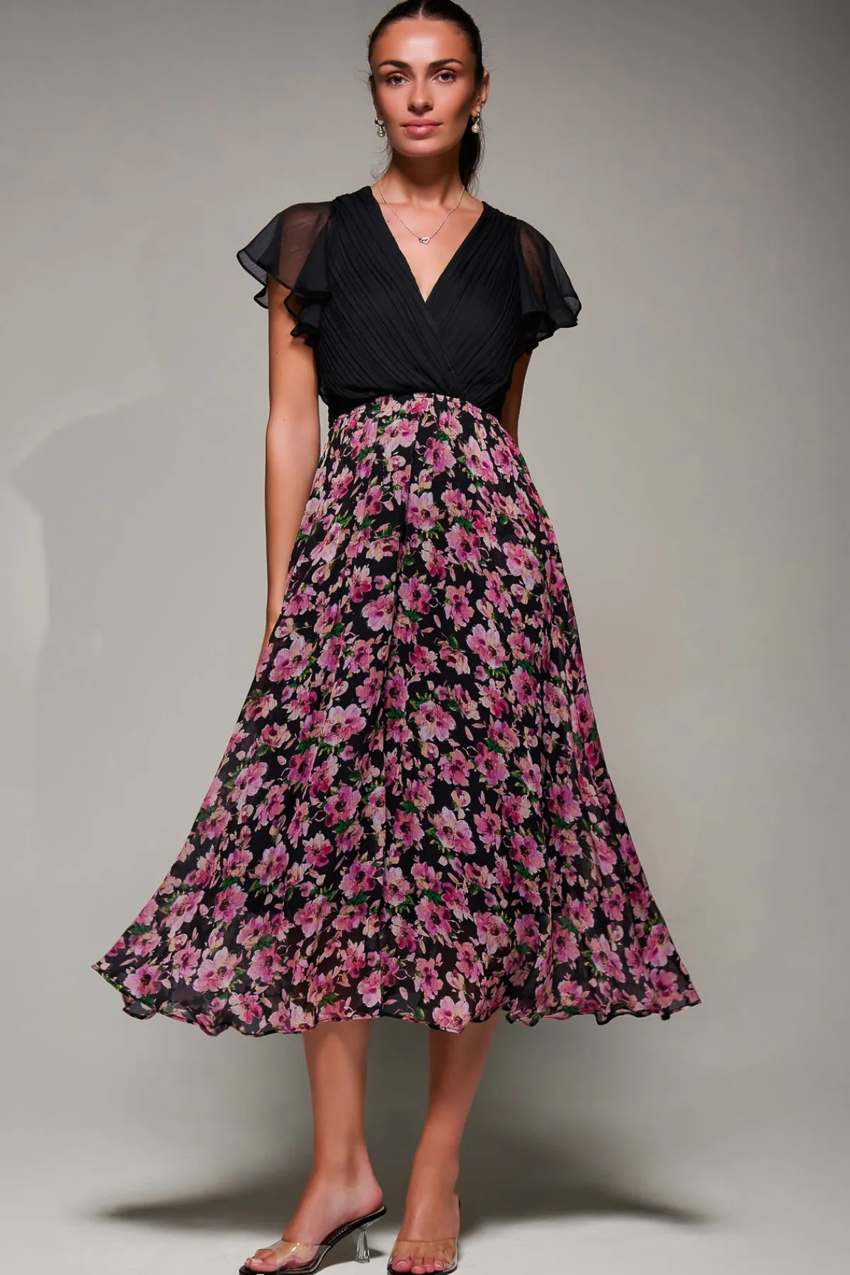 Jolie Moi Occasion Dresses|Summer Dresses-Two Tone Chiffon Midaxi Dress, Pink Floral