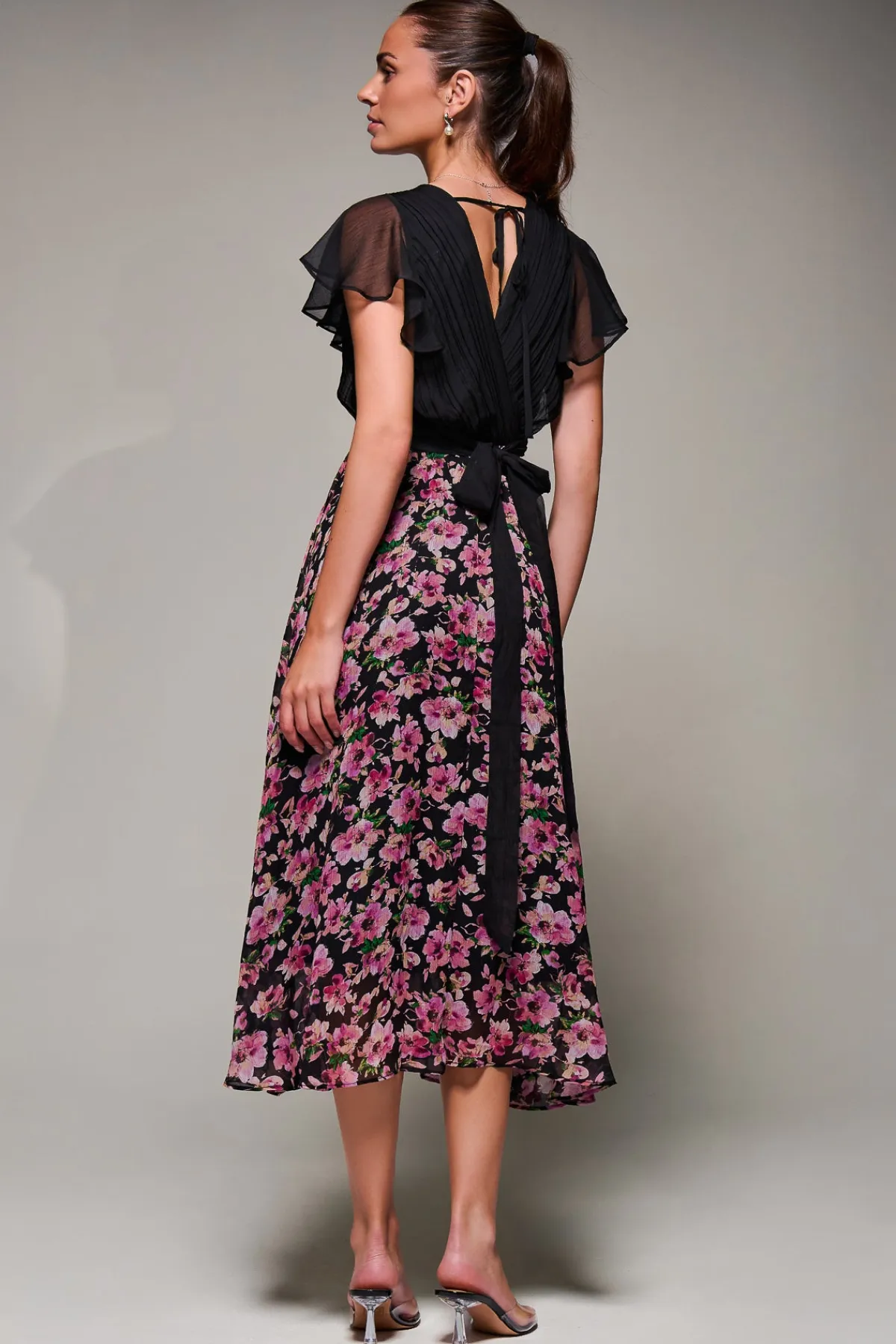 Jolie Moi Occasion Dresses|Summer Dresses-Two Tone Chiffon Midaxi Dress, Pink Floral