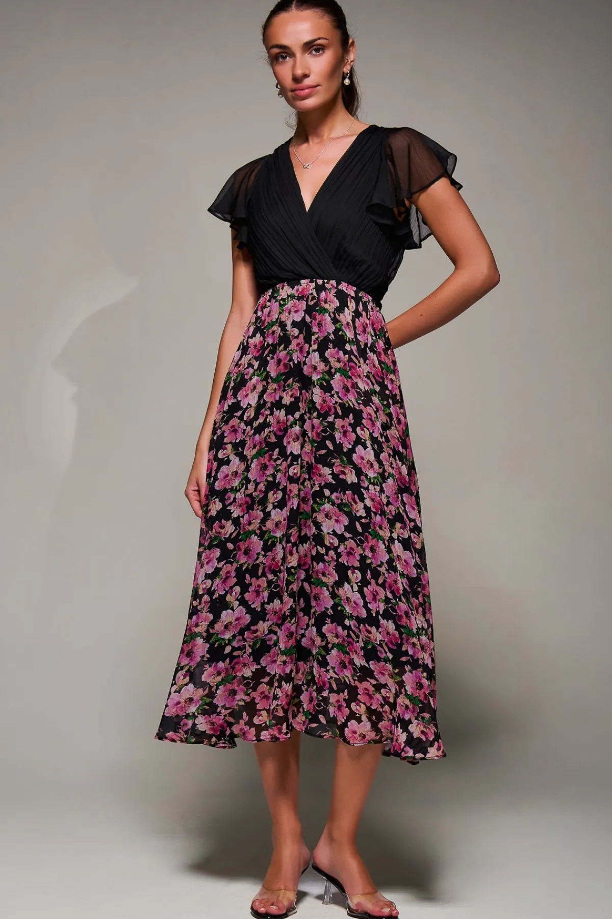 Jolie Moi Occasion Dresses|Summer Dresses-Two Tone Chiffon Midaxi Dress, Pink Floral