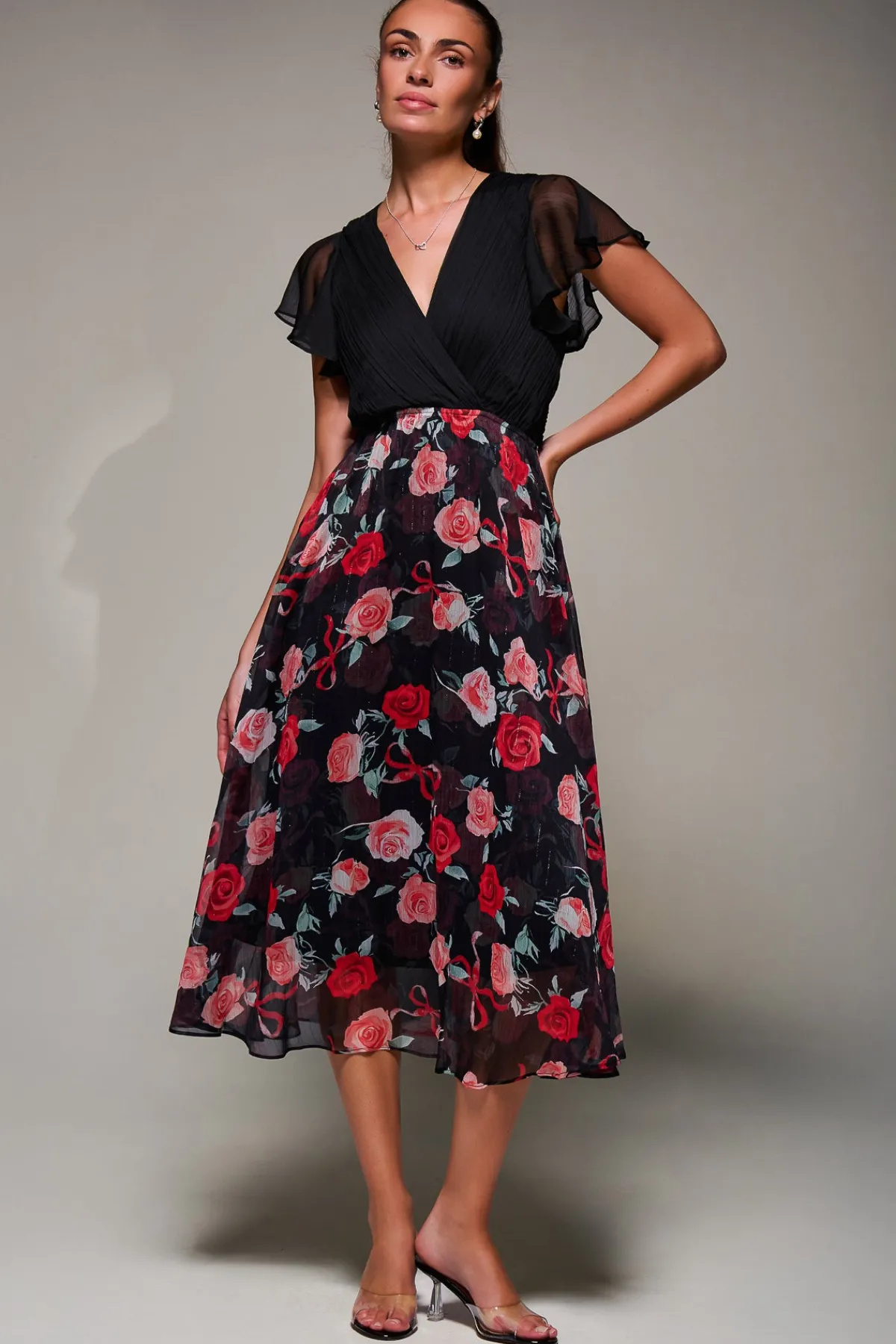 Jolie Moi Occasion Dresses|Weekend Casuals-Two Tone Chiffon Midaxi Dress, Red Floral