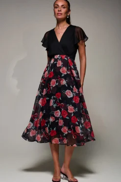 Jolie Moi Occasion Dresses|Weekend Casuals-Two Tone Chiffon Midaxi Dress, Red Floral