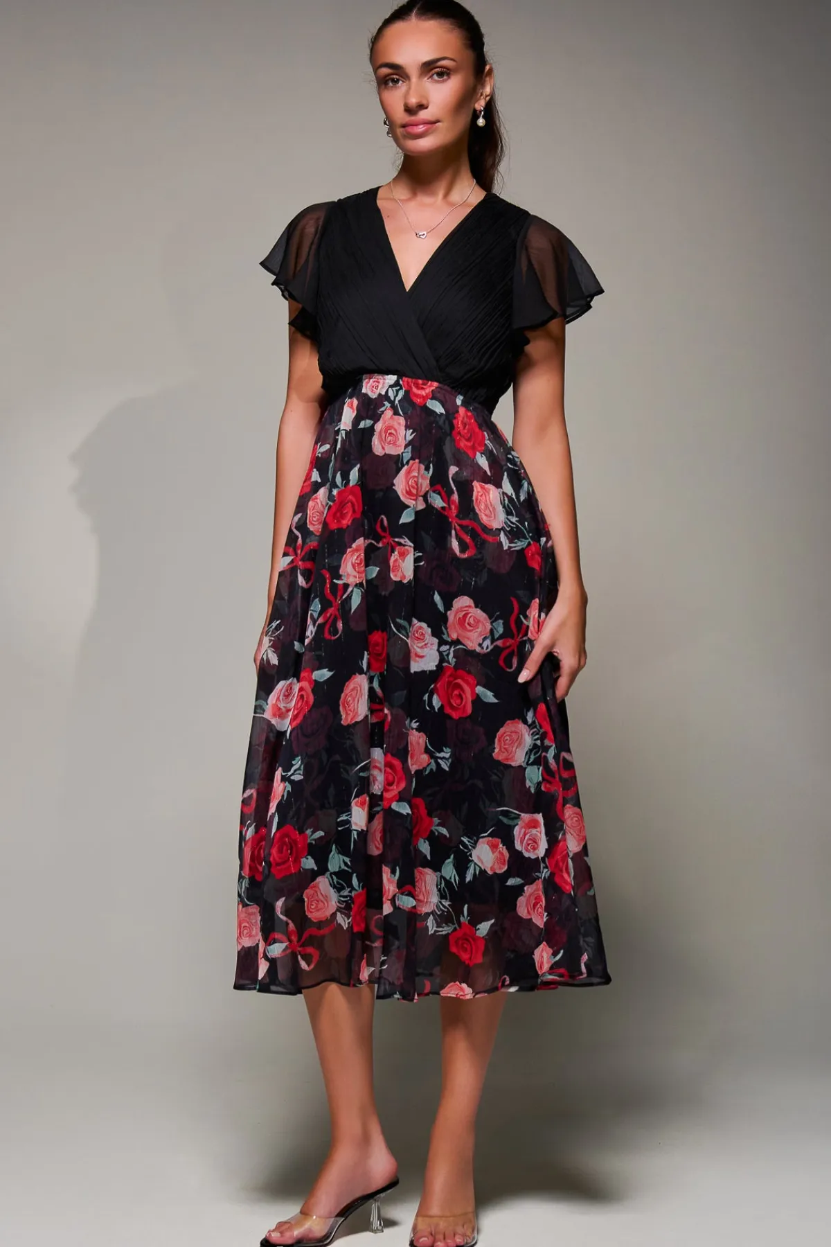 Jolie Moi Occasion Dresses|Weekend Casuals-Two Tone Chiffon Midaxi Dress, Red Floral