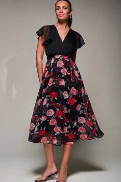 Jolie Moi Occasion Dresses|Weekend Casuals-Two Tone Chiffon Midaxi Dress, Red Floral