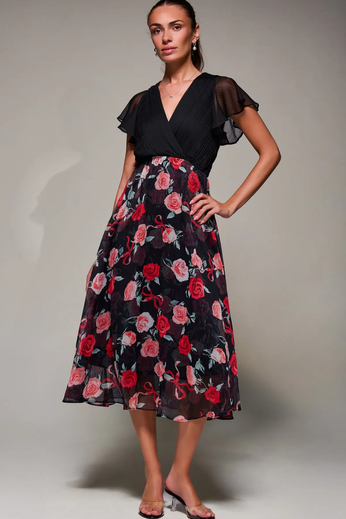 Jolie Moi Occasion Dresses|Weekend Casuals-Two Tone Chiffon Midaxi Dress, Red Floral