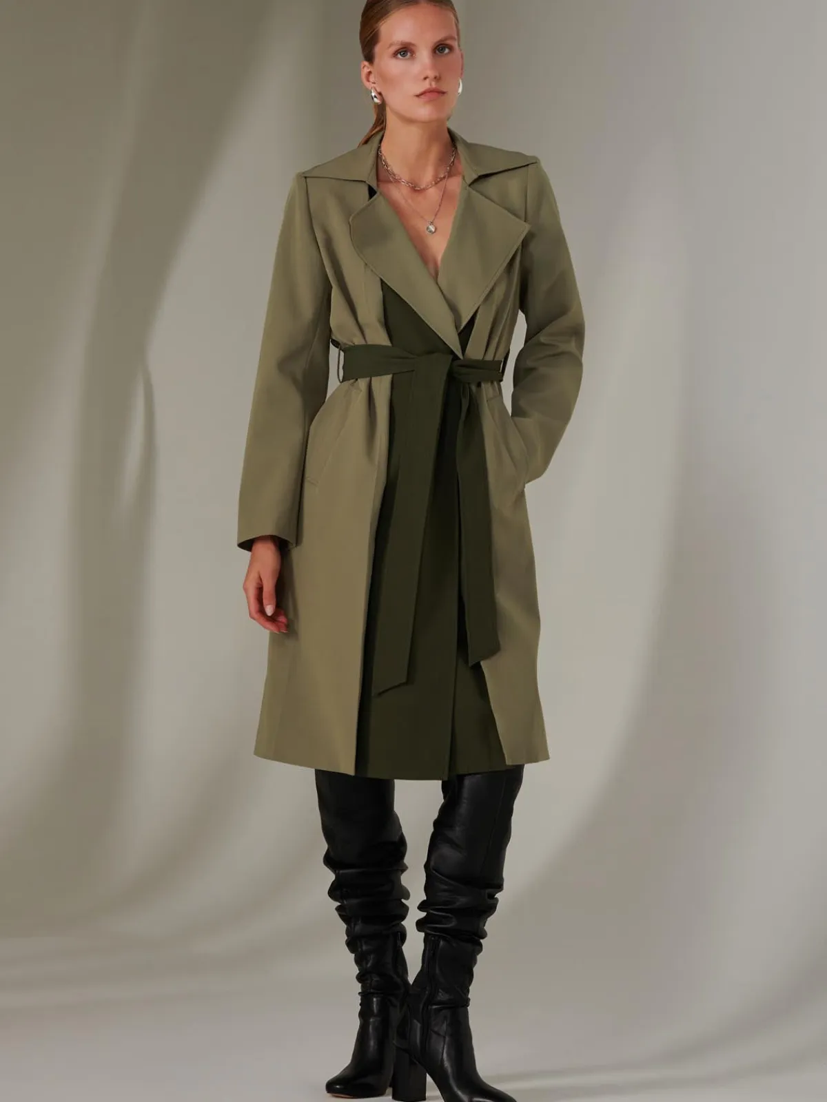 Jolie Moi Coats & Jackets-Two Tone Contrat Trench Coat, Soldier Green