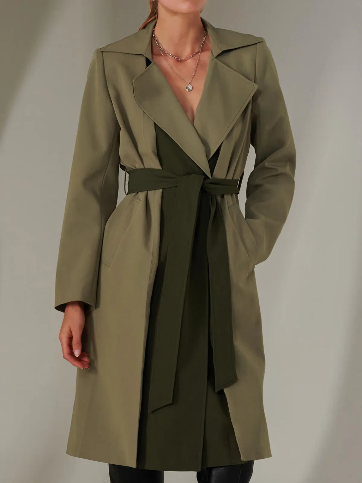 Jolie Moi Coats & Jackets-Two Tone Contrat Trench Coat, Soldier Green