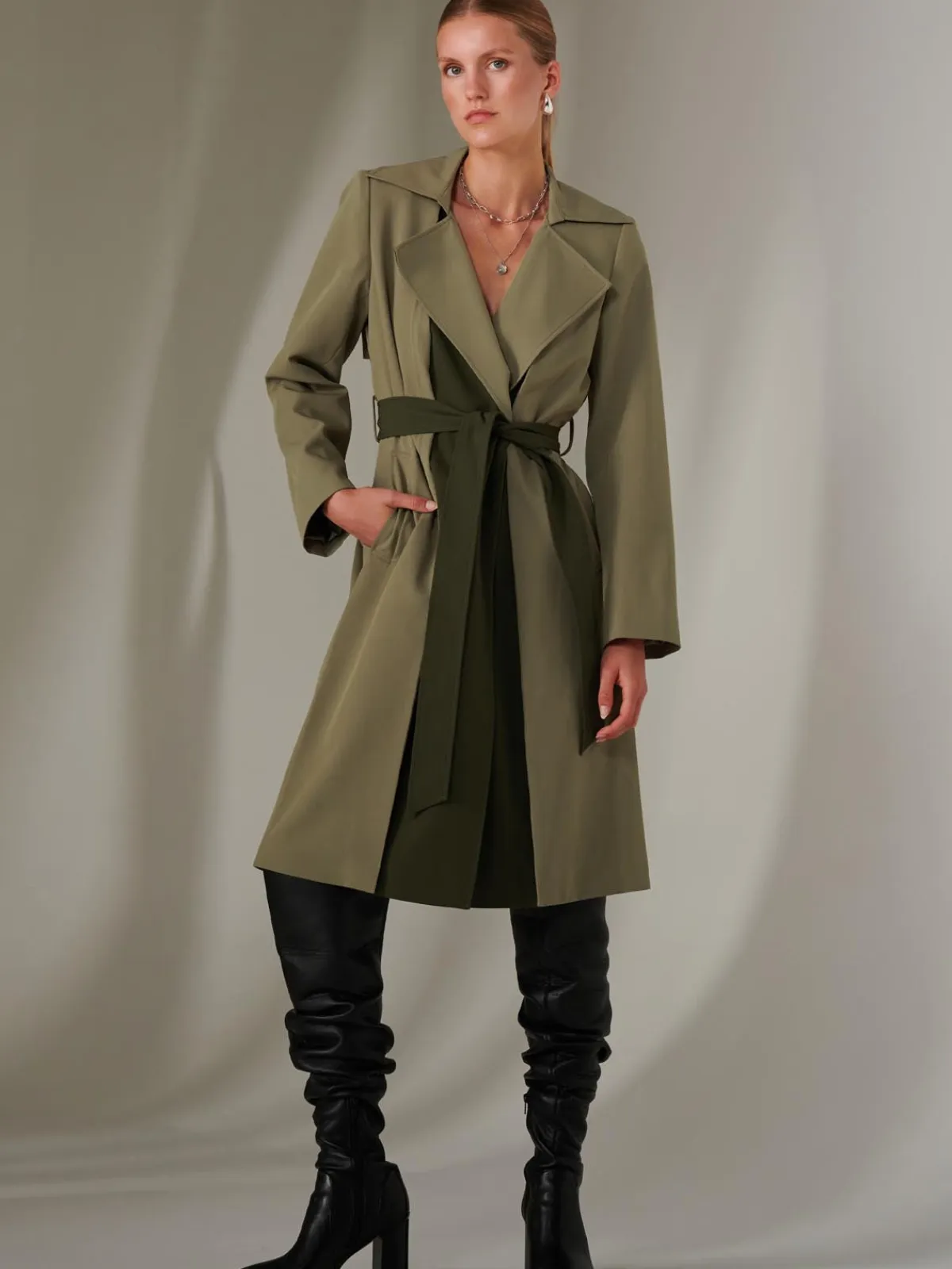 Jolie Moi Coats & Jackets-Two Tone Contrat Trench Coat, Soldier Green