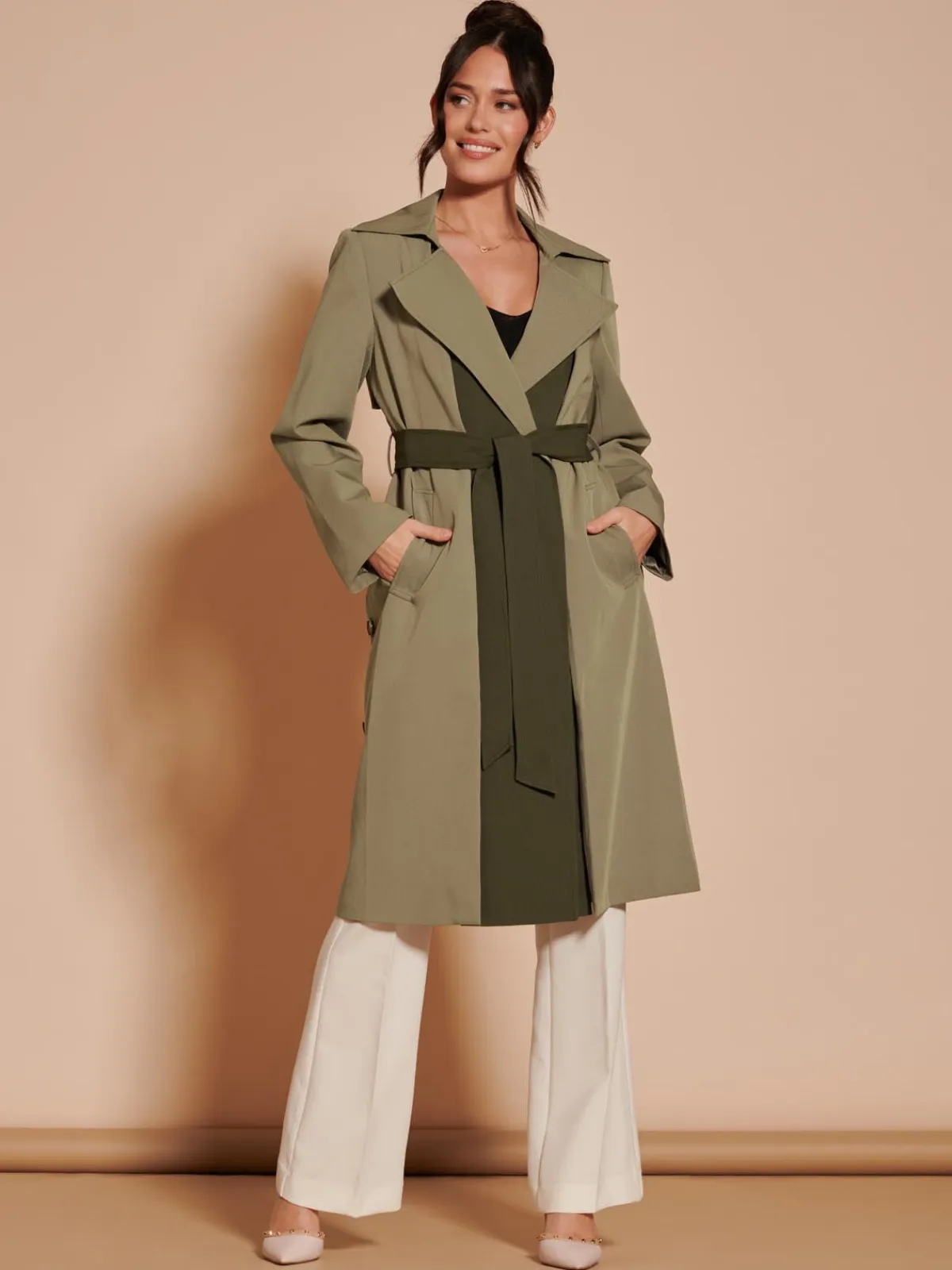 Jolie Moi Coats & Jackets-Two Tone Contrat Trench Coat, Soldier Green