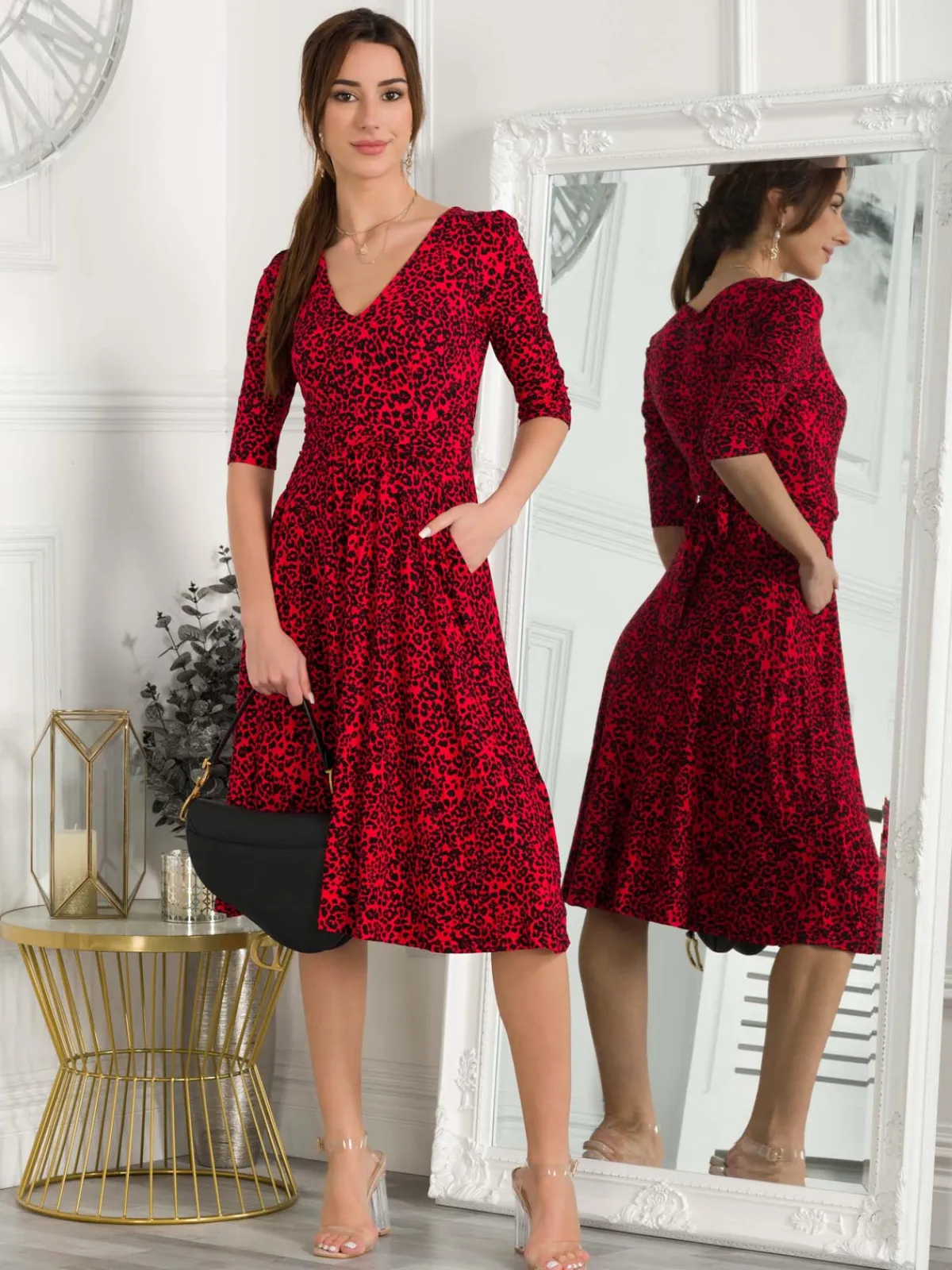 Jolie Moi Occasion Dresses|Weekend Casuals-Valeria Viscose Midi Dress, Red Animal