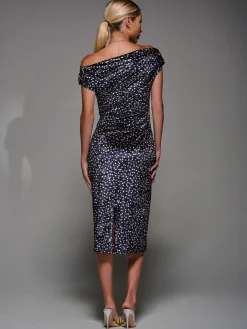 Jolie Moi Occasion Dresses|Velvet Dresses-Velvet Print Ruched Bodycon Dress, Black Polka