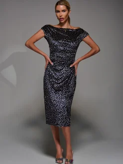 Jolie Moi Occasion Dresses|Velvet Dresses-Velvet Print Ruched Bodycon Dress, Black Polka