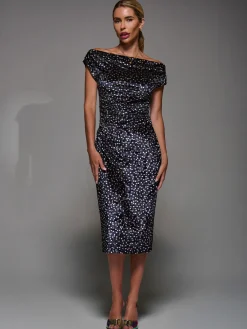 Jolie Moi Occasion Dresses|Velvet Dresses-Velvet Print Ruched Bodycon Dress, Black Polka