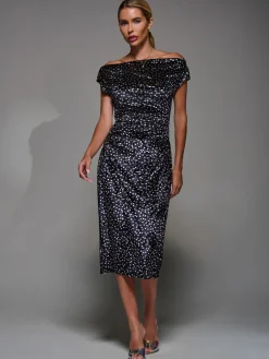 Jolie Moi Occasion Dresses|Velvet Dresses-Velvet Print Ruched Bodycon Dress, Black Polka