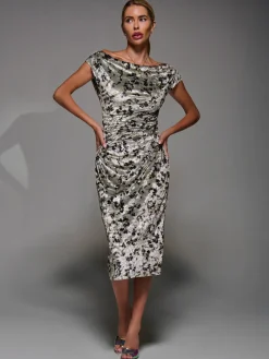 Jolie Moi Occasion Dresses|Floral Dresses-Velvet Print Ruched Bodycon Dress, Neutral Abstract