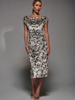 Jolie Moi Occasion Dresses|Floral Dresses-Velvet Print Ruched Bodycon Dress, Neutral Abstract