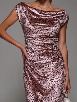 Jolie Moi Occasion Dresses|Velvet Dresses-Velvet Print Ruched Bodycon Dress, Pink Polka