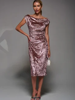 Jolie Moi Occasion Dresses|Velvet Dresses-Velvet Print Ruched Bodycon Dress, Pink Polka