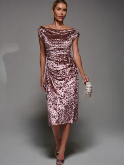 Jolie Moi Occasion Dresses|Velvet Dresses-Velvet Print Ruched Bodycon Dress, Pink Polka