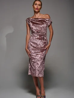 Jolie Moi Occasion Dresses|Velvet Dresses-Velvet Print Ruched Bodycon Dress, Pink Polka