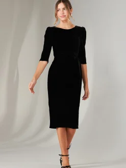 Jolie Moi Occasion Dresses|Velvet Dresses-Velvet Side Tie Midi Dress, Black