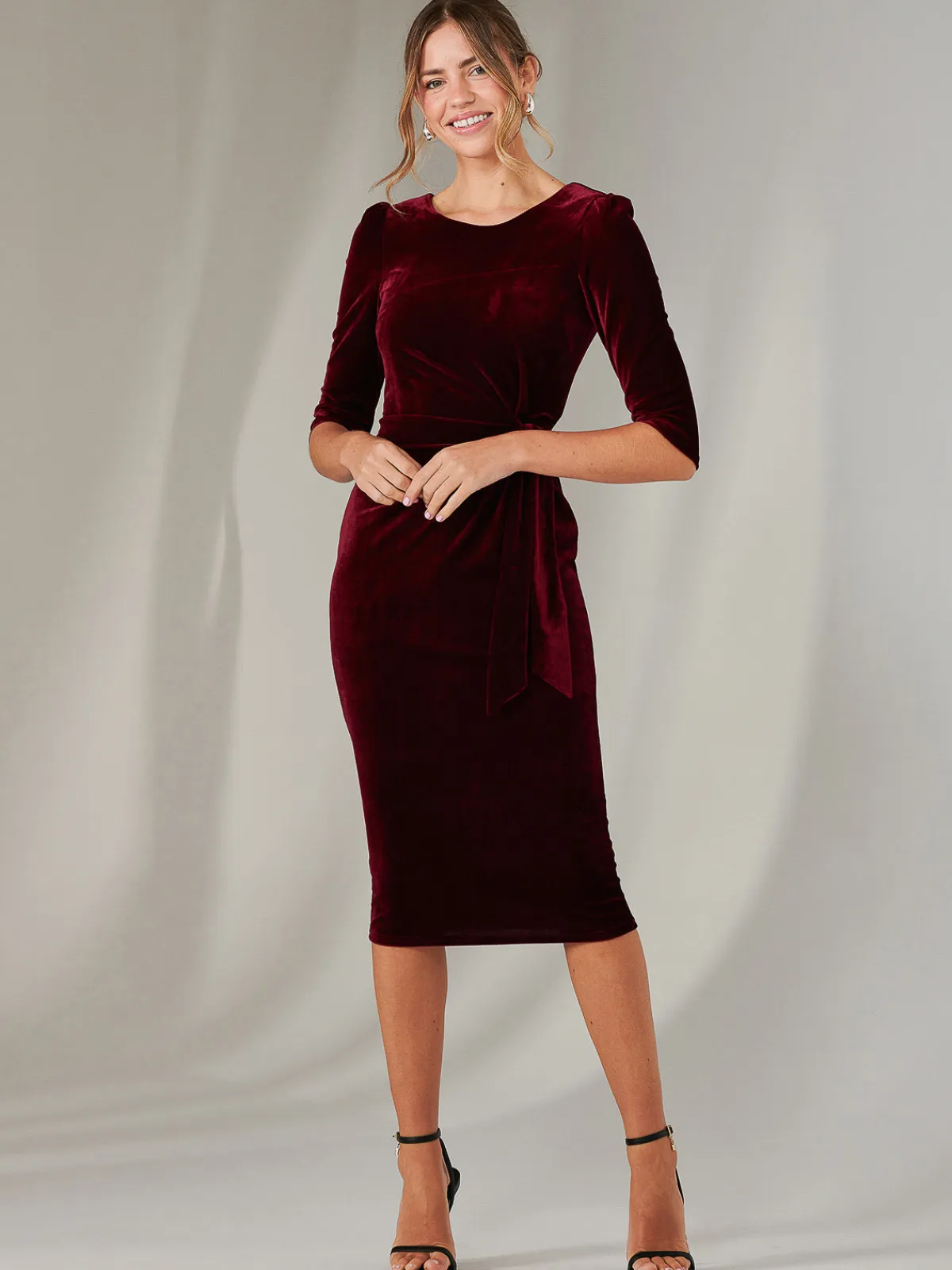 Jolie Moi Occasion Dresses|Velvet Dresses-Velvet Side Tie Midi Dress, Burgundy