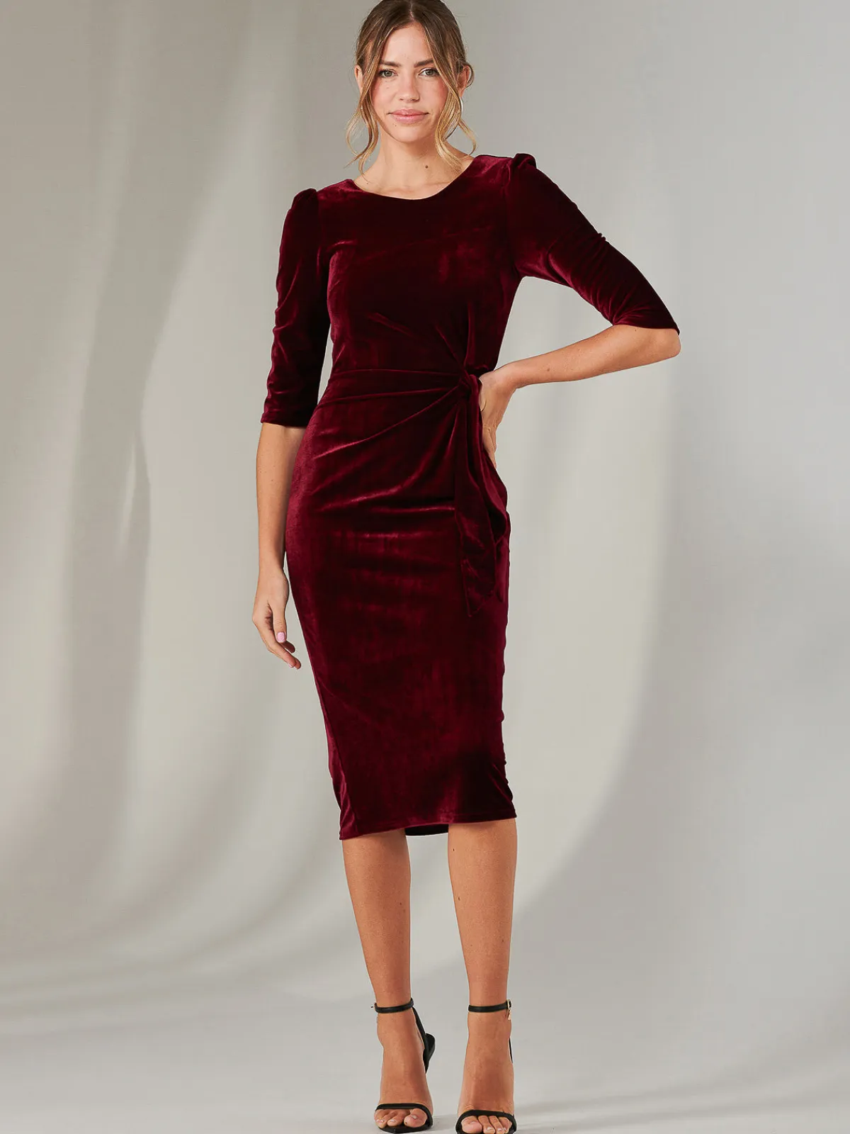 Jolie Moi Occasion Dresses|Velvet Dresses-Velvet Side Tie Midi Dress, Burgundy
