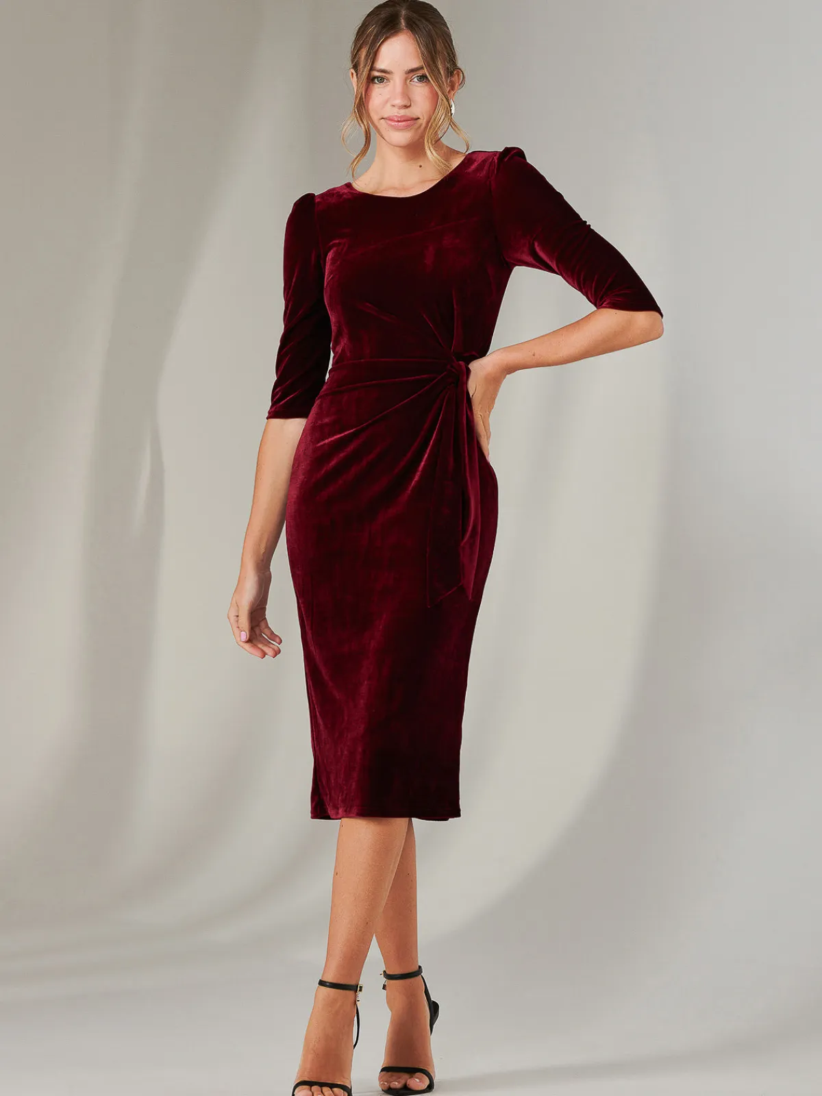 Jolie Moi Occasion Dresses|Velvet Dresses-Velvet Side Tie Midi Dress, Burgundy