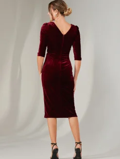 Jolie Moi Occasion Dresses|Velvet Dresses-Velvet Side Tie Midi Dress, Burgundy